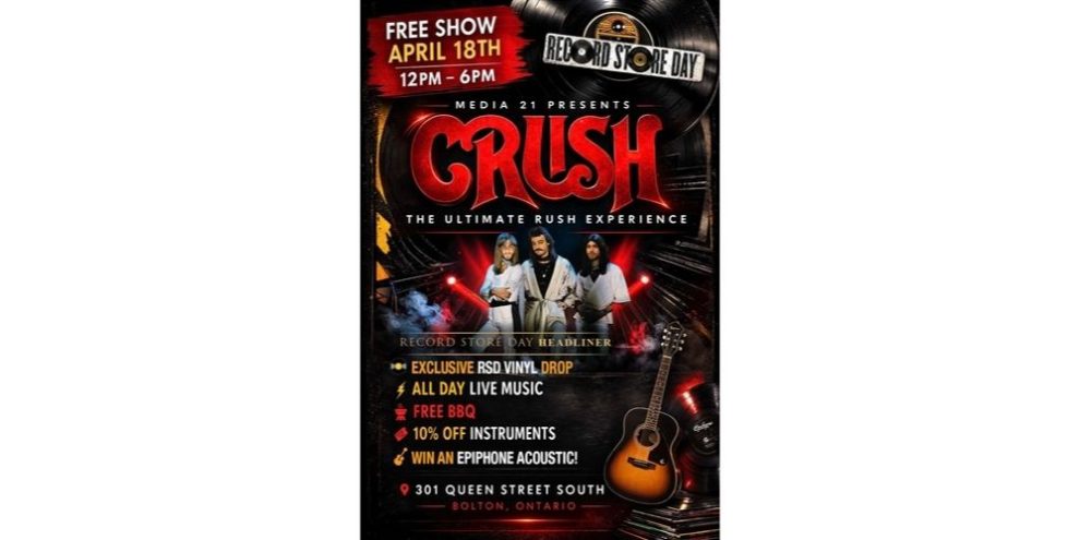 Media 21 Free Record Store Day Event. Crush, The ultimate Rush experience. Free show.